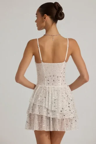 Orren Embellished Ruffled Tiered Mini Dress in White