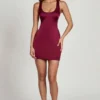 Orsola Scoop Neck Lace-up Back Mini Dress in Wine Red