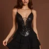 Ottavia Embellished Lace-Up Ruffle Mini Dress in Black Zebra