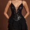 Ottavia Embellished Lace-Up Ruffle Mini Dress in Black Zebra