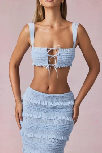 Ottilie Ruffle Tie-Front Crop Top in Powder Blue