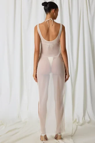 Pacifica Pearl-Detail Cut-Out Maxi Dress in Pearl White