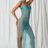 Pacifica Pearl-Detail Cut-Out Maxi Dress in Turquoise