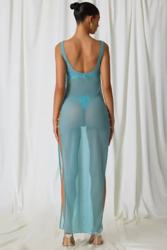 Pacifica Pearl-Detail Cut-Out Maxi Dress in Turquoise