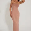 Palermo Embellished Bandeau Cowl Neck Maxi Dress in Beige