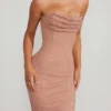Palermo Embellished Bandeau Cowl Neck Maxi Dress in Beige