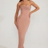 Palermo Embellished Bandeau Cowl Neck Maxi Dress in Beige