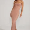 Palermo Embellished Bandeau Cowl Neck Maxi Dress in Beige