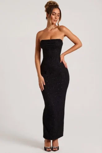Palermo Embellished Bandeau Cowl Neck Maxi Dress in Black