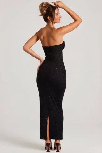 Palermo Embellished Bandeau Cowl Neck Maxi Dress in Black
