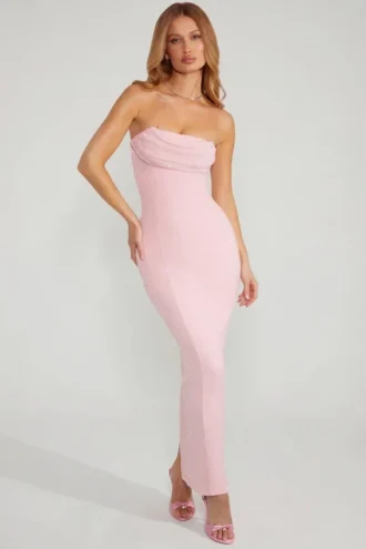 Palermo Embellished Bandeau Cowl Neck Maxi Dress in Blush