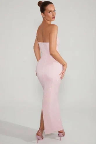 Palermo Embellished Bandeau Cowl Neck Maxi Dress in Blush