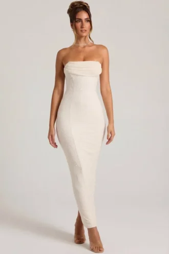 Palermo Embellished Bandeau Cowl Neck Maxi Dress in White