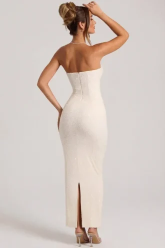 Palermo Embellished Bandeau Cowl Neck Maxi Dress in White