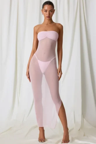 Papeete Ruched Bandeau Midi Dress in Soft Pink