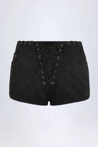 Parva Lace-Up Mid-Rise Shorts in Black