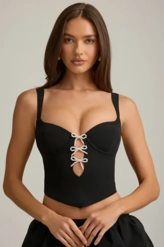 Pearla Cut-Out Bow-Detail Corset Top in Black