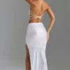 Pelagia Embellished V-Waist Thigh-Split Maxi Skirt in White