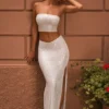 Pelagia Embellished V-Waist Thigh-Split Maxi Skirt in White