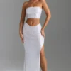 Pelagia Embellished V-Waist Thigh-Split Maxi Skirt in White