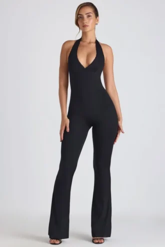Pema Modal Lace-Trim Cut-Out Flared Jumpsuit in Black