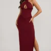 Penelope Halterneck Lace-Up Corset Maxi Dress in Berry Red