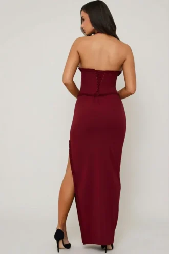 Penelope Halterneck Lace-Up Corset Maxi Dress in Berry Red