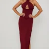 Penelope Halterneck Lace-Up Corset Maxi Dress in Berry Red