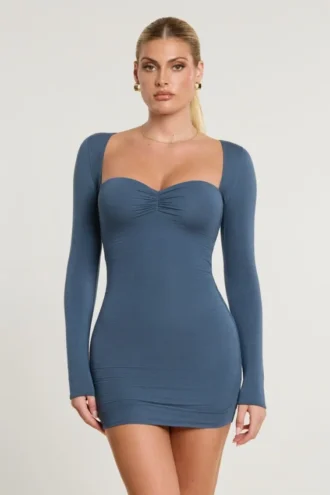 Perrie Long Sleeve Ruched Modal Cashmere Blend Mini Dress in French Navy