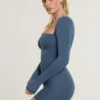 Perrie Long Sleeve Ruched Modal Cashmere Blend Mini Dress in French Navy