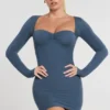 Perrie Long Sleeve Ruched Modal Cashmere Blend Mini Dress in French Navy