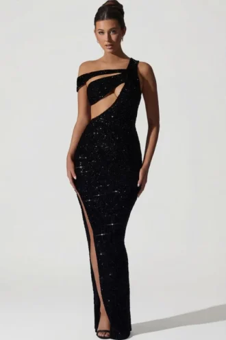 Persephone Embellished Asymmetric Cut-Out Gown in Black