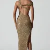 Persephone Embellished Asymmetric Cut-Out Gown in Gold