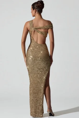 Persephone Embellished Asymmetric Cut-Out Gown in Gold