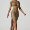 Persephone Embellished Asymmetric Cut-Out Gown in Gold