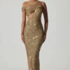 Persephone Embellished Asymmetric Cut-Out Gown in Gold