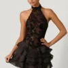 Petalia Embellished Ruffled Halterneck Mini Dress in Black