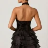 Petalia Embellished Ruffled Halterneck Mini Dress in Black