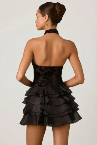 Petalia Embellished Ruffled Halterneck Mini Dress in Black