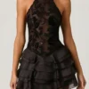 Petalia Embellished Ruffled Halterneck Mini Dress in Black