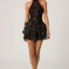 Petalia Embellished Ruffled Halterneck Mini Dress in Black