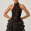 Petalia Embellished Ruffled Halterneck Mini Dress in Black