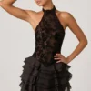 Petalia Embellished Ruffled Halterneck Mini Dress in Black