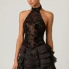 Petalia Embellished Ruffled Halterneck Mini Dress in Black