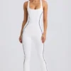 Petite Soft Active Open-Back Jumpsuit in White