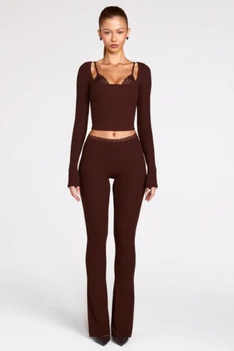 Philippa Modal Mid-Rise Flared Trousers in Chocolate Brown