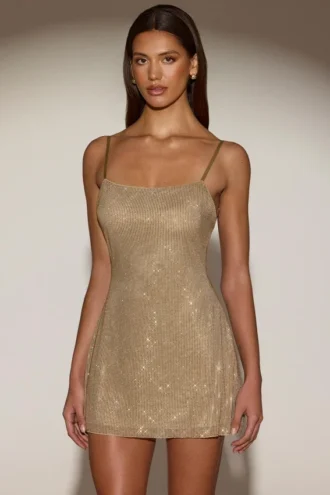 Philomena Embellished Soft-Scoop Backless Fitted Mini Dress in Gold