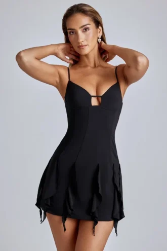 Piera Ruffle A-Line Mini Dress in Black