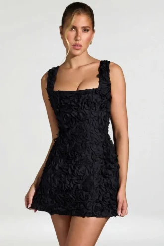 Posy Floral-Appliqué Square-Neck Corset Mini Dress in Black