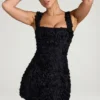 Posy Floral-Appliqué Square-Neck Corset Mini Dress in Black